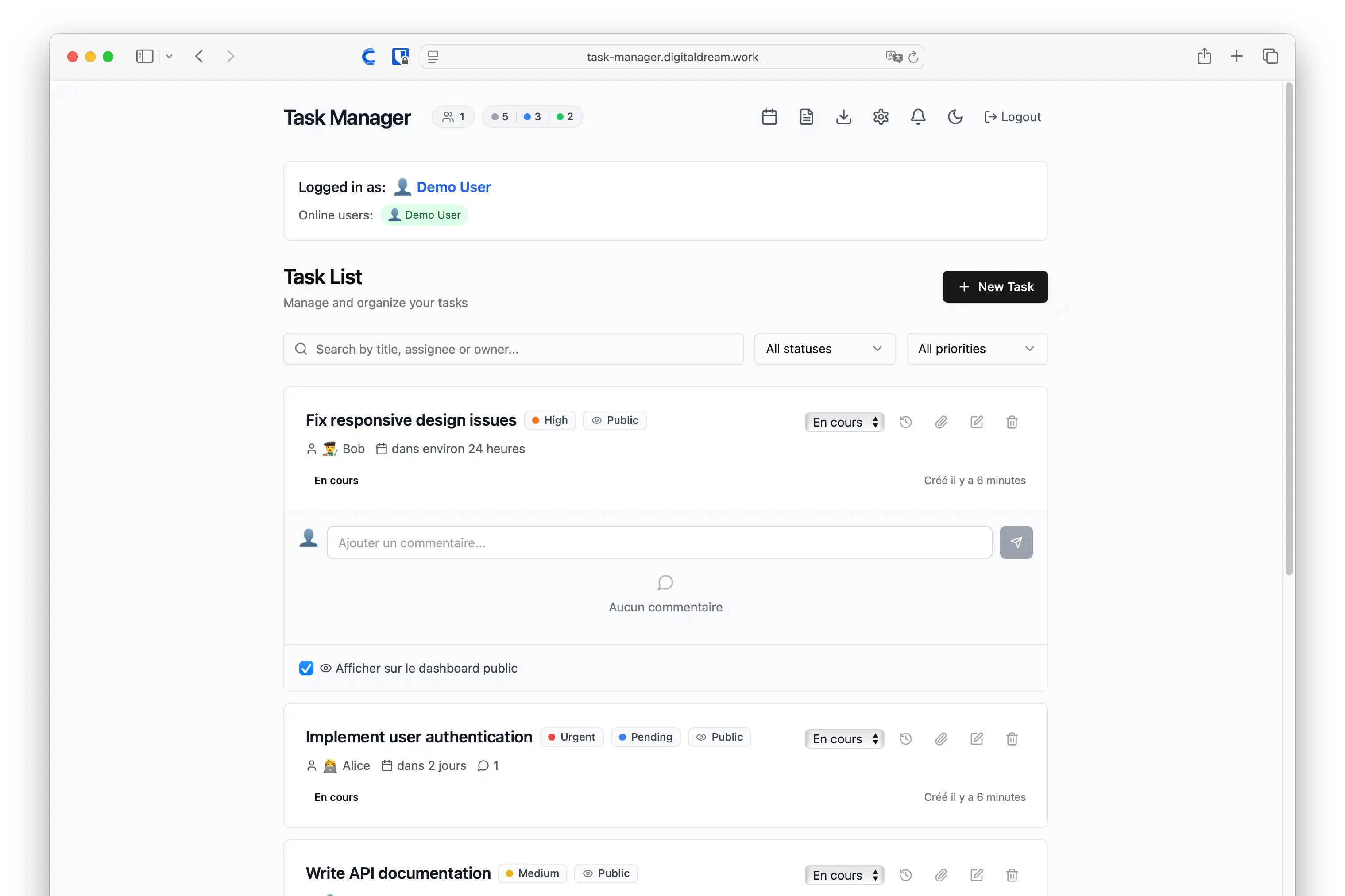 Task Manager Dashboard showing task list with real-time collaboration features